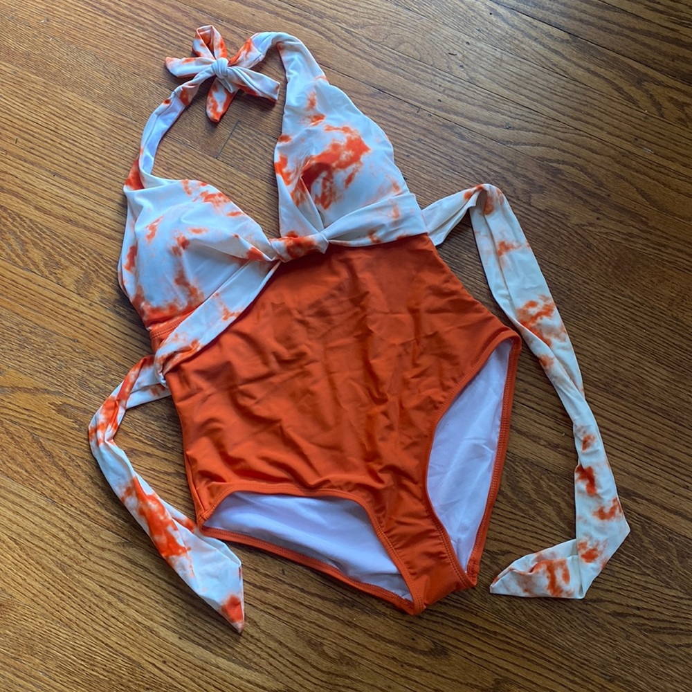 Cream and Orange One Piece Swimsuit with Tropical Flair